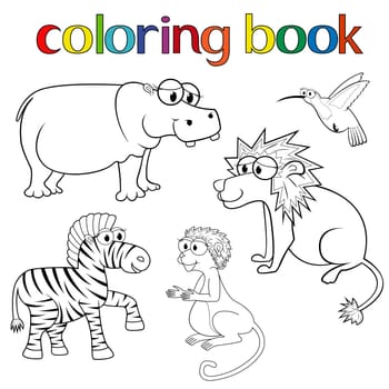 Kit of animals for coloring book with hippo, lion, zebra, hummingbird and monkey, cartoon vector illustration