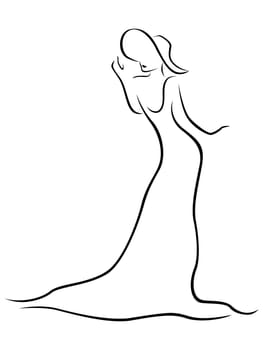 Female black contour with a hat and a long dress, hand drawing vector artwork