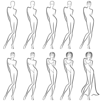 Sequence of hand drawing creation a beautiful female vector contour with ten steps. Model of each stage can be used as a self-contained image