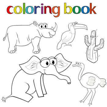 Set of animals for coloring book with rhino, toucan, elephant and ostrich, and prickly cactus, cartoon vector illustration