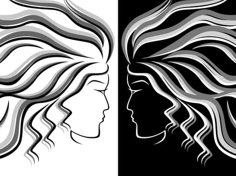 Black, white and grey silhouettes of female heads on white and black background, hand drawing vector illustration