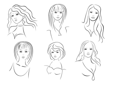 Six beautiful young women contour portraits, hand drawing vector artwork