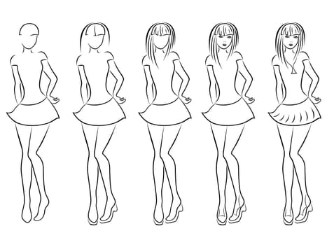 Attractive young women vector contour in hand drawing sequence with five steps. Model of each stage can be used as a self-contained image
