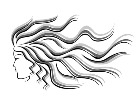Black and grey silhouette of female head with flowing hair, hand drawing vector illustration