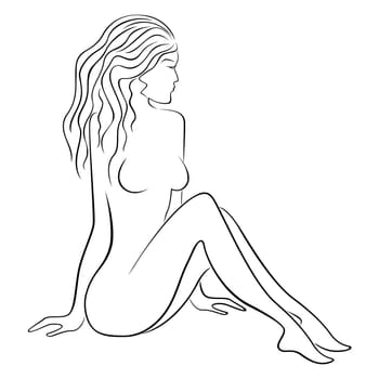 Black contour of sitting beautiful woman with flowing hair, hand drawing vector illustration