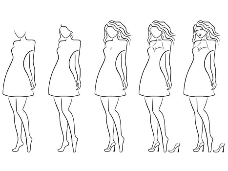 Alluring young women vector contour in hand drawing sequence with five steps. Model of each stage can be used as a self-contained image