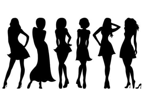 Six slim attractive women black silhouettes, hand drawing vector artwork