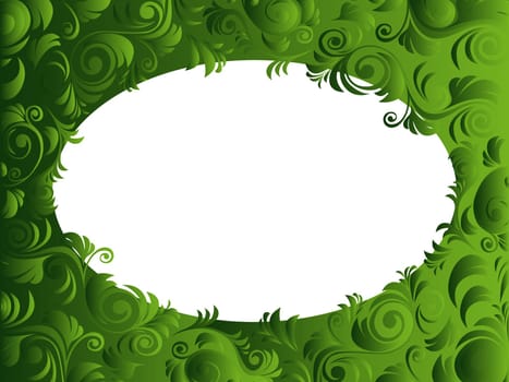Oval horizontal frame with floral elements in green hues, hand drawing vector artwork