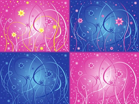 Abstract phantasmagoric floral hand drawing vector artwork in four different color designs with pink and blue hues