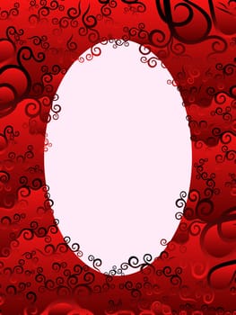 Oval vertical frame with floral elements in red hues, hand drawing vector artwork
