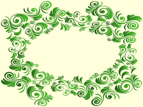 Frame with floral elements in green hues over light yellow background, hand drawing vector artwork