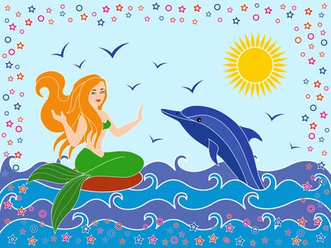 Dolphin and Mermaid as a mythical girl on the sea waves in the warm season, hand drawing vector illustration
