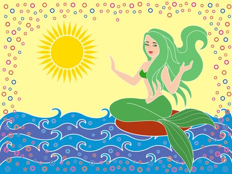 Mermaid as a mythical girl on the sea waves in the warm season, hand drawing vector illustration