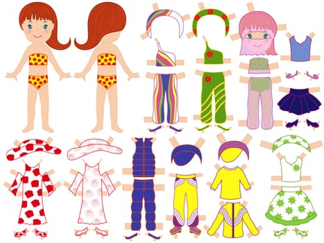 Paper doll and a set of clothing for the summer season with technological clips dressing