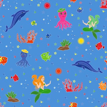 Underwater marine life. Dolphin, mermaid, octopus, fishes, coral and seaweed on the seabed. Hand drawing seamless vector illustration