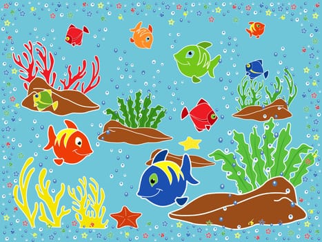Underwater marine life. Fishes, coral, starfish and seaweed on the seabed. Hand drawing vector illustration