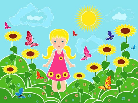 Small children girl on the field among sunflowers in sunny summer day, multicolor vector illustration