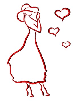Romantic young woman in big hat and cocktail dress isolated on white background, hand drawing vector illustration with red and black contours