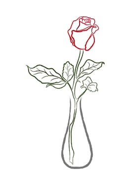 Stylized red rose in a vase isolated on white background, hand drawing vector illustration