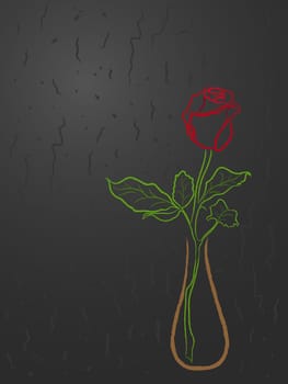 Stylized red rose in a vase over abstract dark grey background, hand drawing vector illustration
