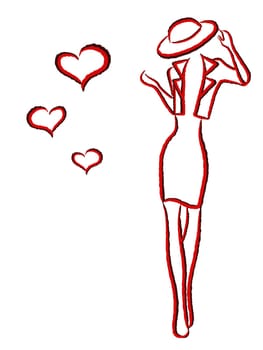 Graceful young woman in hat and jacket with black and red contours isolated on white background with hearts, hand drawing vector illustration