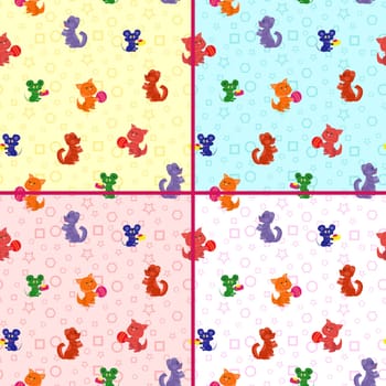 Four identical seamless vector patterns with cartoon cats, dogs and mouse on the geometrical background. Backgrounds can be used as a separate vector pattern