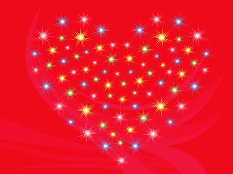 Heart with stars on bright red abstract background, hand drawing Valentine vector illustration