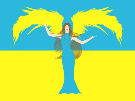 Female angel in yellow and blue against the background of blue and yellow flag of Ukraine. Hand drawing vector illustration