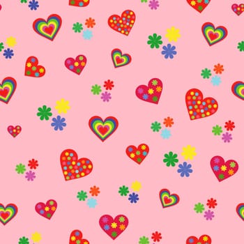 Seamless vector pattern with various colorful Valentine hearts on the pink background