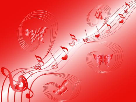 Various musical notes with hearts on stave and butterflies flying along, hand drawing Valentine vector illustration on red background