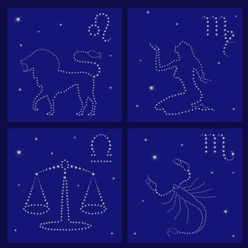 Four Zodiac signs on the starry sky vector illustration
