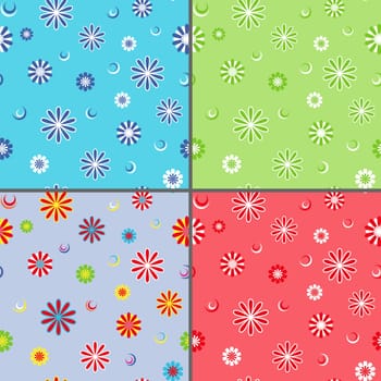 Four identical seamless vector patterns with different colorful daisy flowers as wallpapers