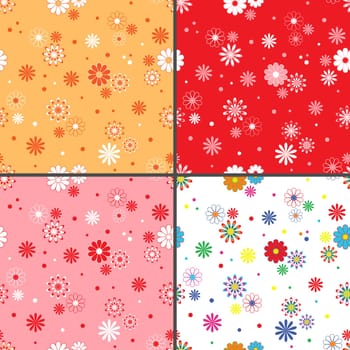 Four identical seamless vector patterns with different colorful chamomile flowers as wallpapers