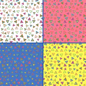 Four identical seamless vector patterns with different colorful triangles