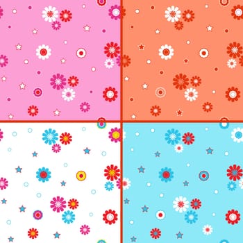 Four identical seamless vector patterns with different colorful daisies as wallpapers