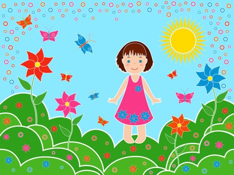 Small children girl on the meadows in sunny summer day, multicolor hand drawing vector illustration