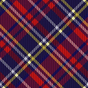 Diagonal seamless checkered shades of dark blue, red and white vector pattern as a tartan plaid