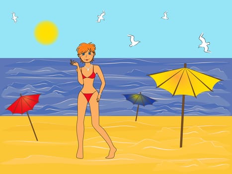 Young girl in a bikini on the sea beach in the hot summer season, hand drawing vector illustration