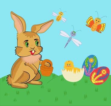 Easter bunny and chicken with Easter eggs on green grass. Cartoon vector illustration