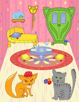 Cat with flowers came on a visit to pussy. Hand drawing cartoon vector illustration
