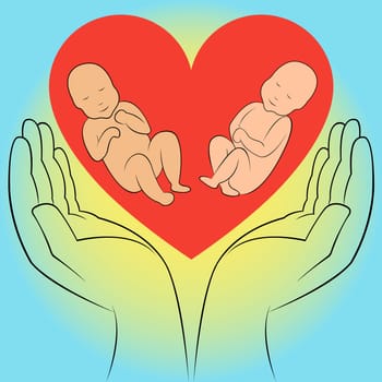 Two unborn babies in human hands on the heart background. Hand drawing vector illustration
