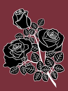 Black and white roses on the dark background. Hand drawing vector illustration