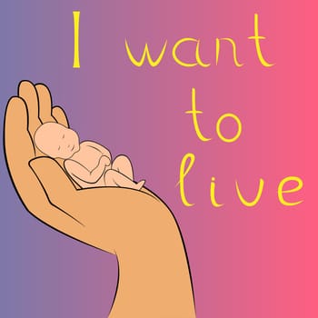 Unborn baby in human hand. Hand drawing vector illustration