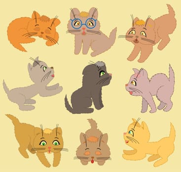 Set of nine various cartoon playful kittens. Vector hand drawing art illustration