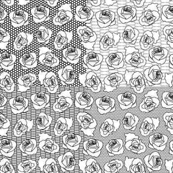 Four vector black and white seamless patterns on separate layers with rose flower elements on the grid background