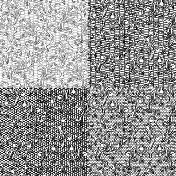 Four vector black and white seamless patterns on separate layers with herbal elements on the grid background