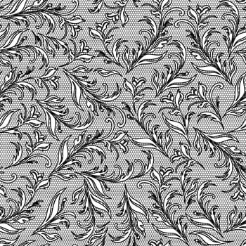 Vector black and white seamless pattern with herbal elements on the grid background