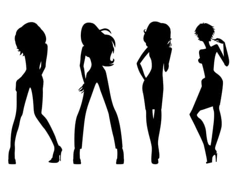 Set of four black silhouettes of fashion posing models isolated on white background, hand drawing vector illustration