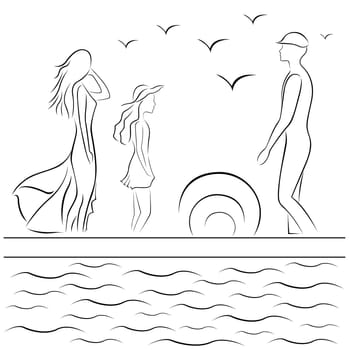 Family at sea pier at sunset, hand drawing black and white vector illustration
