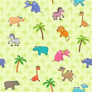 Seamless different south animals and plants pattern with cartoon elephant, camel, zebra, rhinoceros, hippopotamus, lion, giraffe and palm. Background with palms can be used as a separate seamless pattern